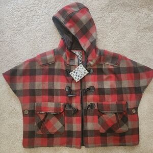 Dollhouse Red and Brown Plaid Cape with Hood and Toggle Closures